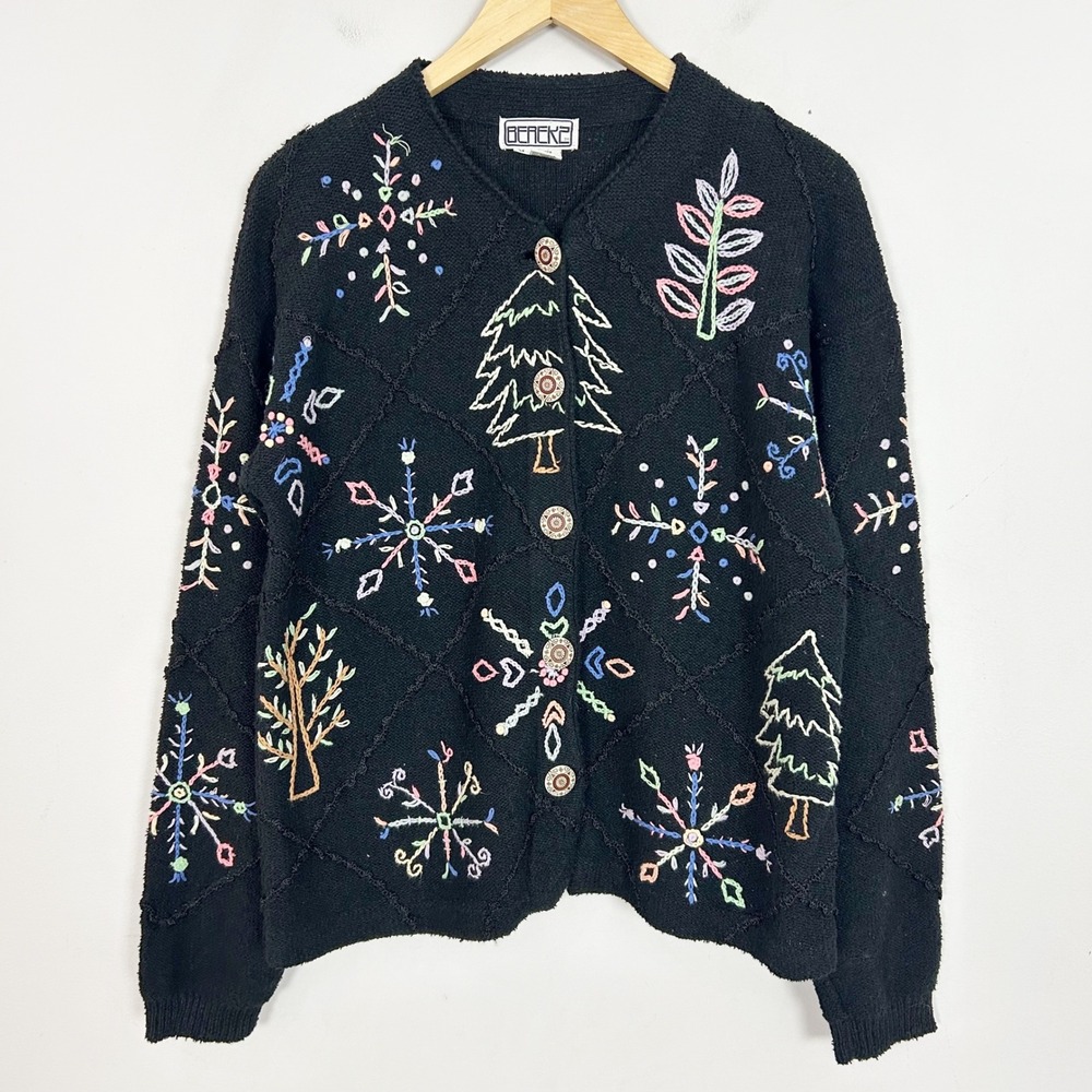 Vintage Berek Black Embroidered Christmas Tree Snowflake Cardigan Sweater Medium